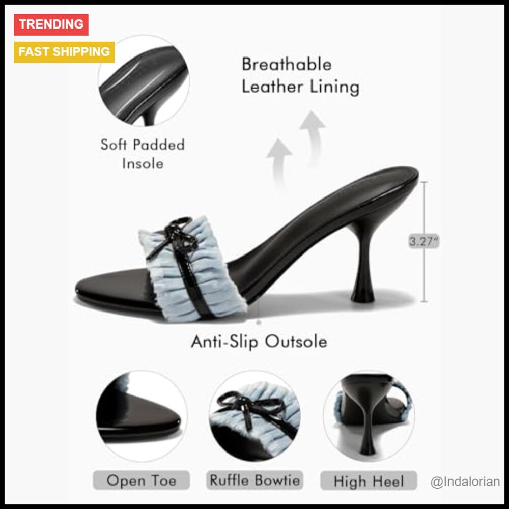 Open Toe Bow Tie Stiletto Mule Sandals with Ruffle Fabric - Picture 4 of 5